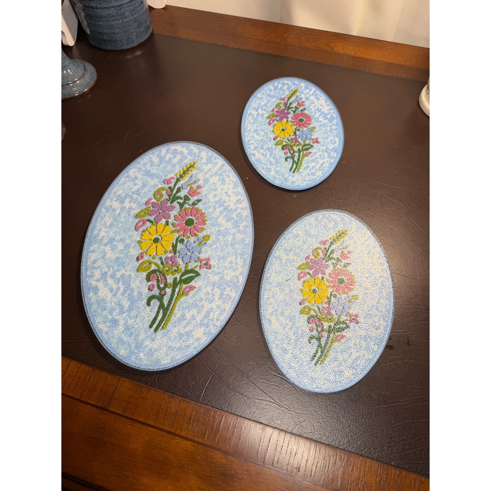 Vintage Floral Glass Cutting Board Set 3 Piece Oval Blue Flower Bouquet Trivets